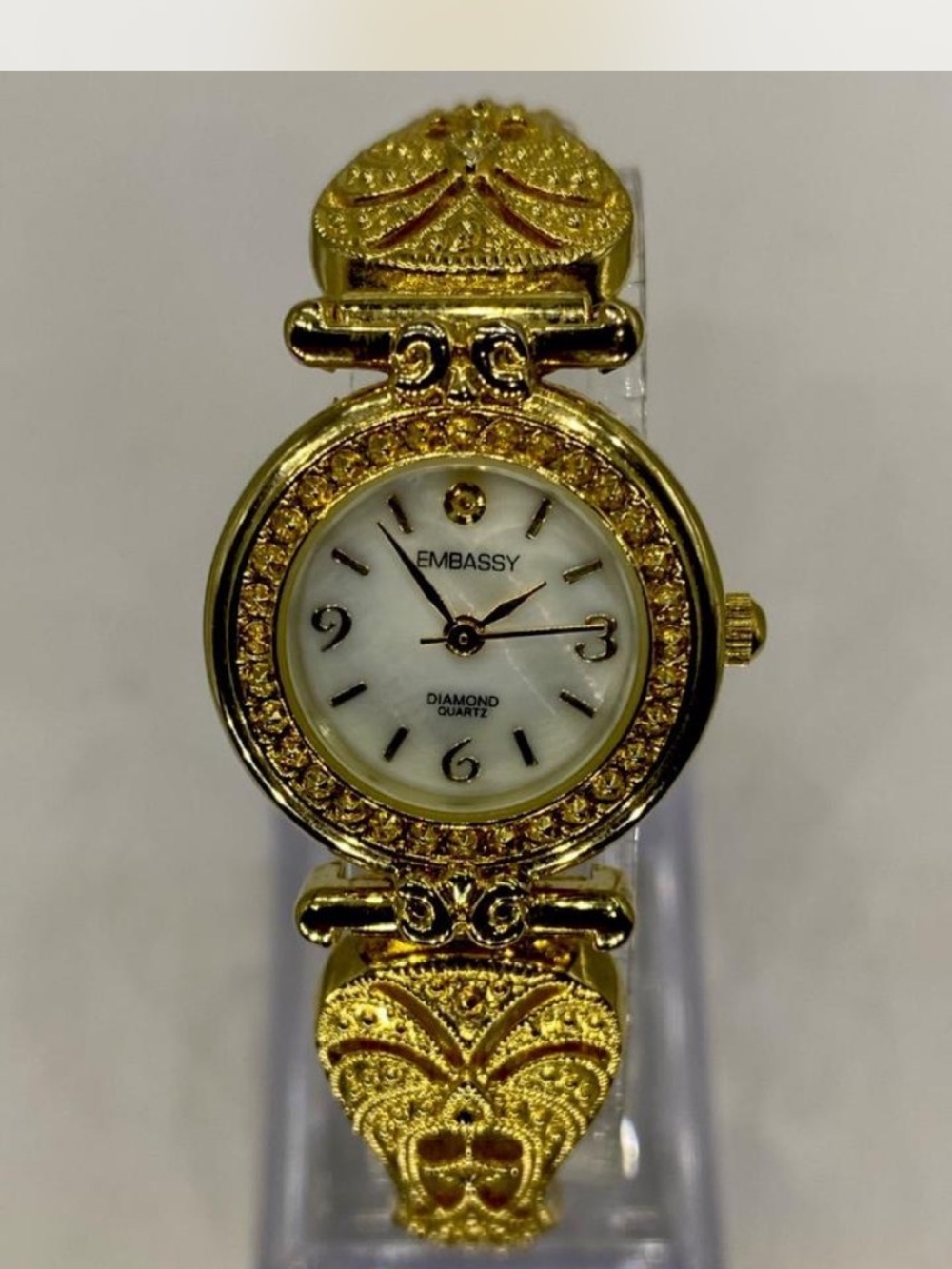 Embassy *** Luxury Ladies Gold-Tone Diamond Accent Bracelet Watch / Filigree ***